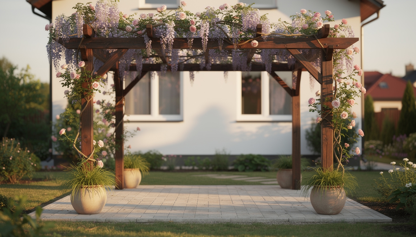 Drewniana pergola w ogrodzie przydomowym z pnączami